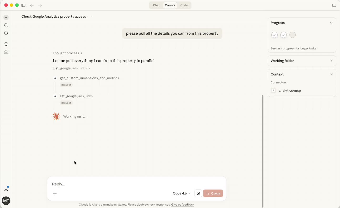 Claude pulling custom dimensions and Google Ads links from GA4 property via MCP API
