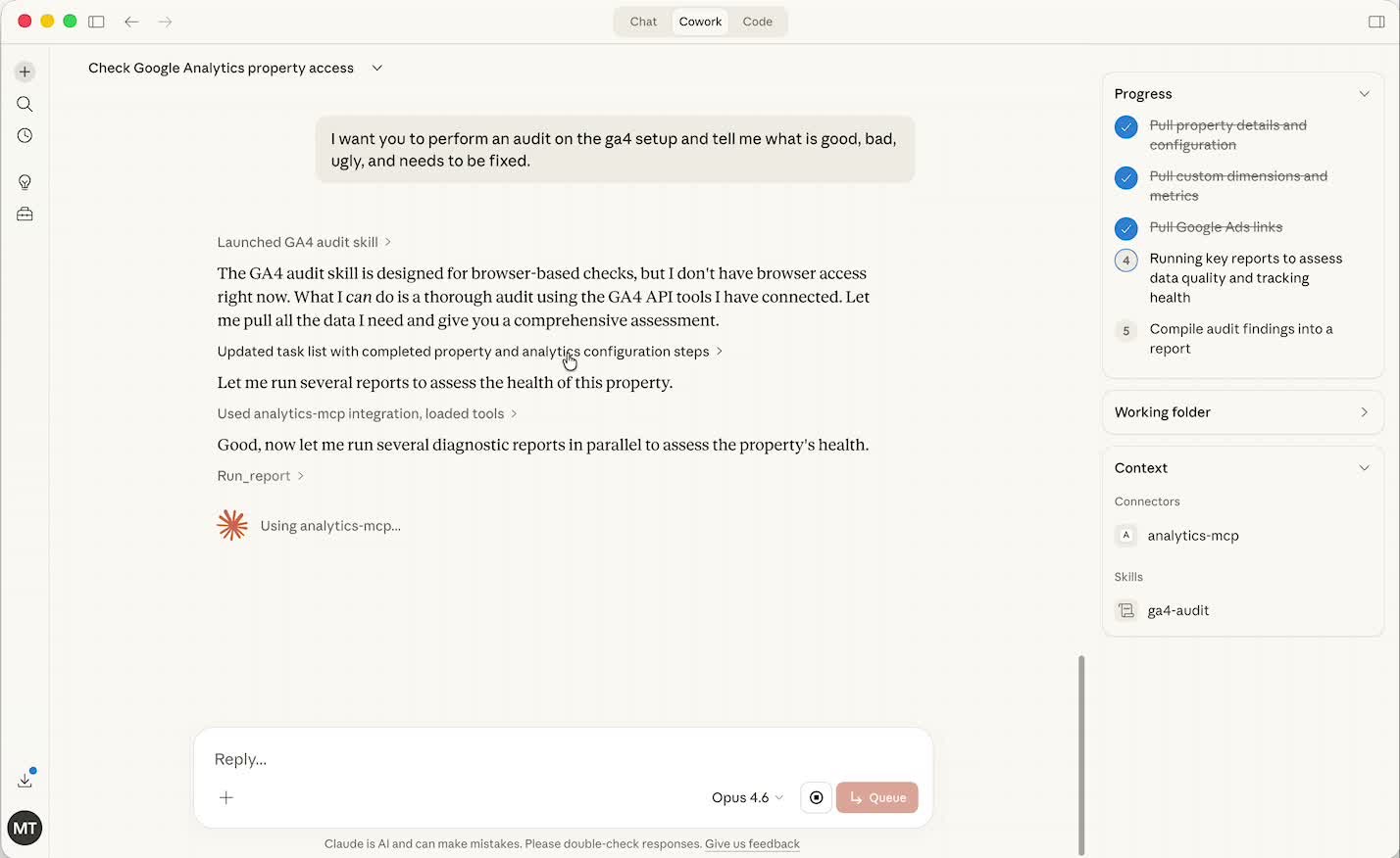 Claude running GA4 audit with progress checklist showing 4 of 5 steps completed