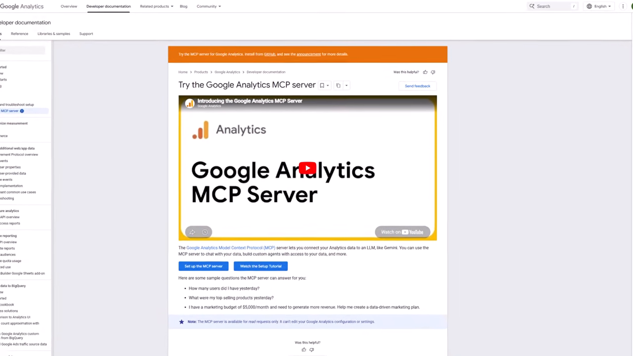 The official Google Analytics MCP server documentation page with setup options and sample questions