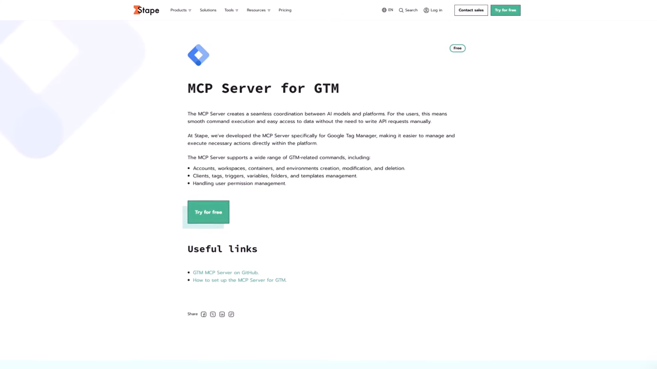 Stape's MCP Server for GTM page describing the supported Google Tag Manager commands