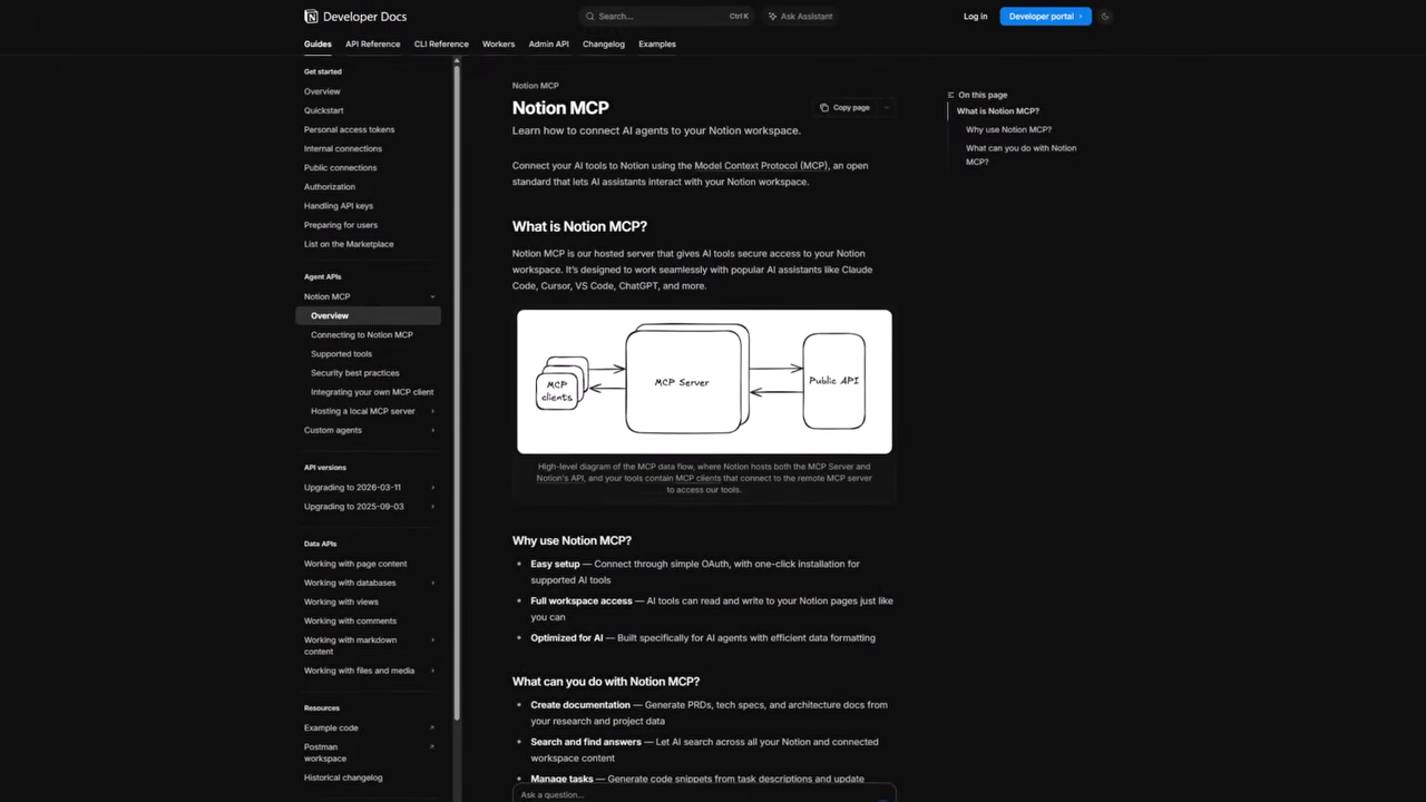 The Notion MCP documentation page showing the MCP data-flow diagram