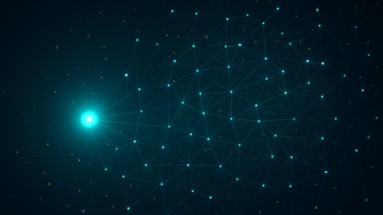 Abstract map of a glowing AI hub connected to many marketing-platform nodes
