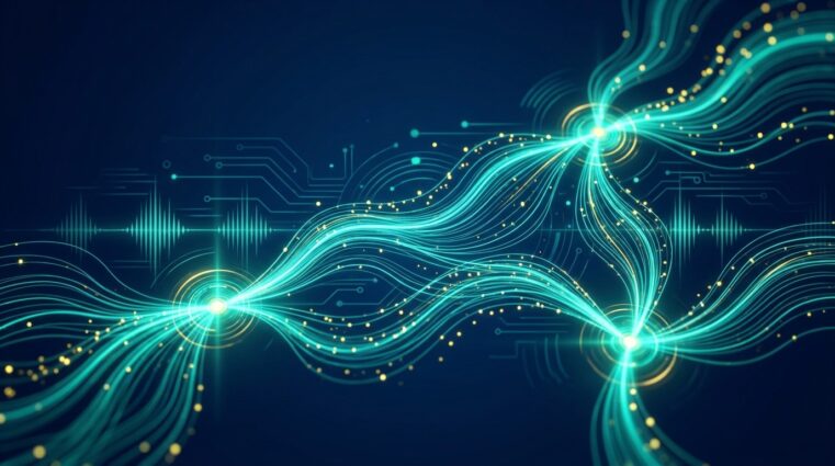 Abstract digital art representing Google measurement tools and data analytics with teal data streams and golden particles on navy background