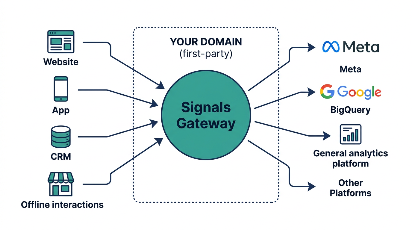 Signals Gateway as first-party data hub routing to Meta BigQuery and other platforms