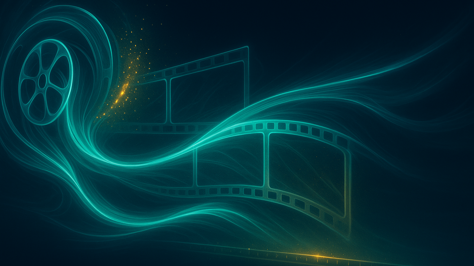 Abstract cinematic film reel and film strip illustration representing AI-driven video storytelling