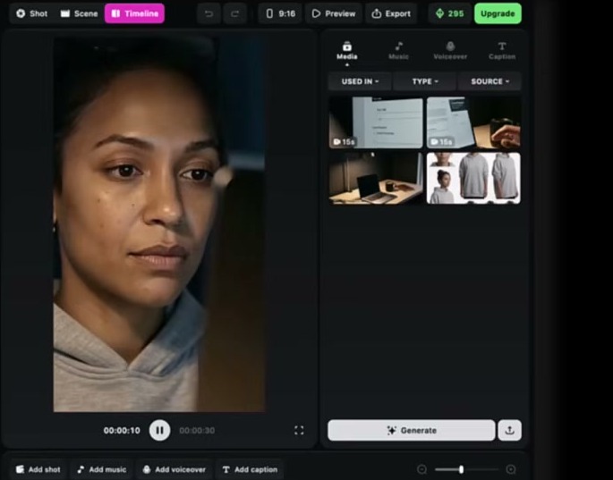 The character Maya rendered in the OpenArt Director preview, with consistent character thumbnails across every shot