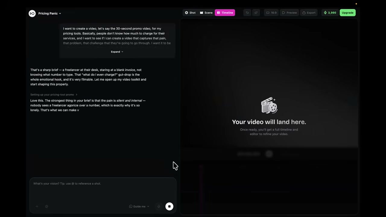 OpenArt Director interface showing the Pricing Panic project with the spoken brief and the Ori assistant responding
