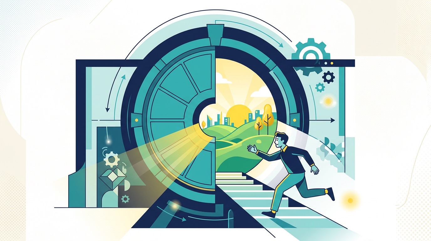 Person running through a closing vault door toward a bright landscape representing the narrowing window of opportunity for AI-powered solo operators