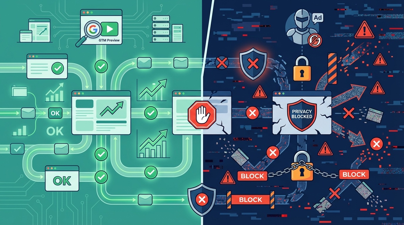 Split-screen comparison of GTM preview mode showing everything working versus real-world users with ad blockers and privacy tools blocking data