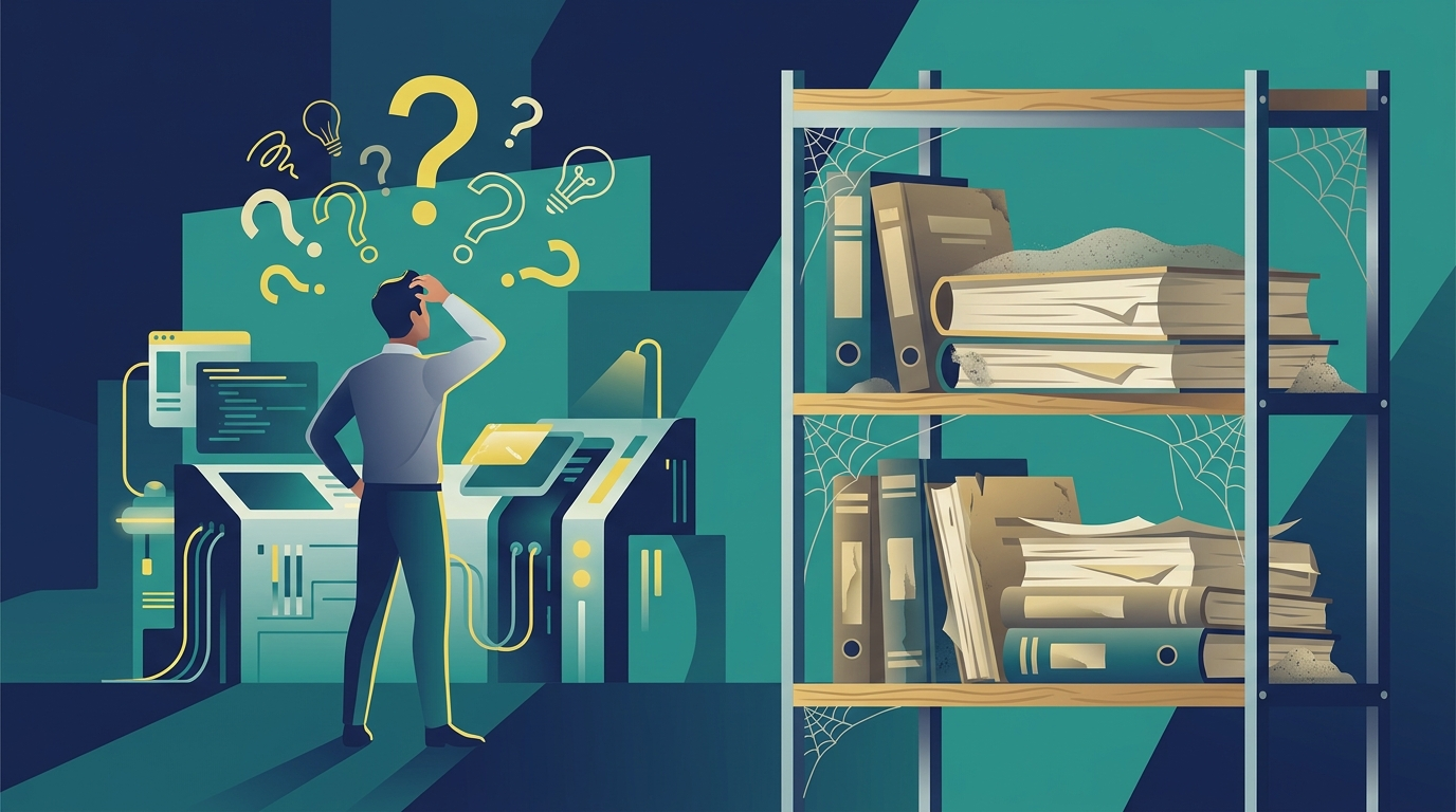 Illustration of a person confused at their desk while process documentation collects dust on a nearby shelf
