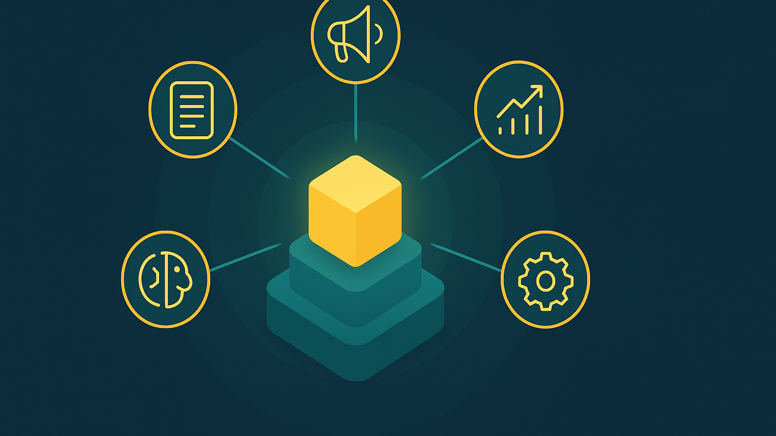 A product brand at the center supported by orbiting marketing, analytics, operations, content, and AI service modules