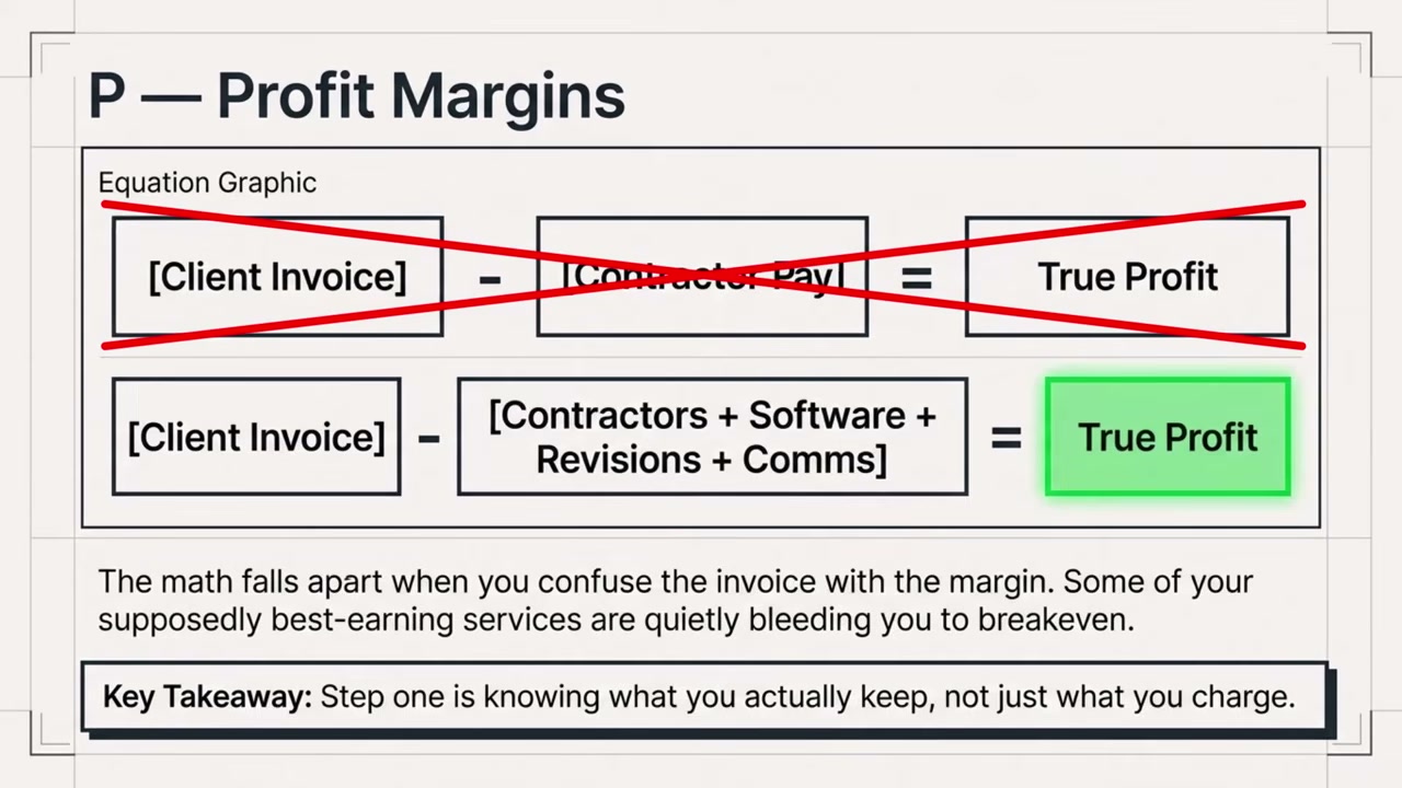 Profit margin equation: client invoice minus all true costs equals real profit