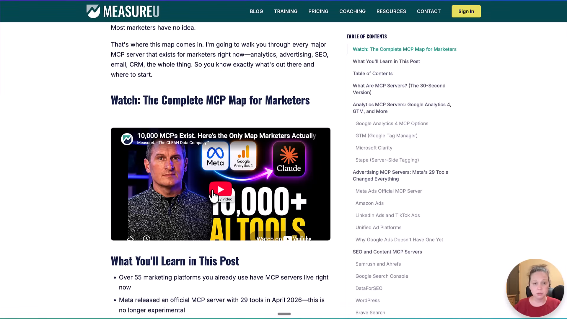 A MeasureU blog post open in the browser showing an embedded video and table of contents