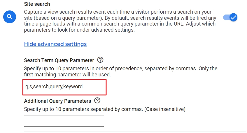 Query parameters site search ga4