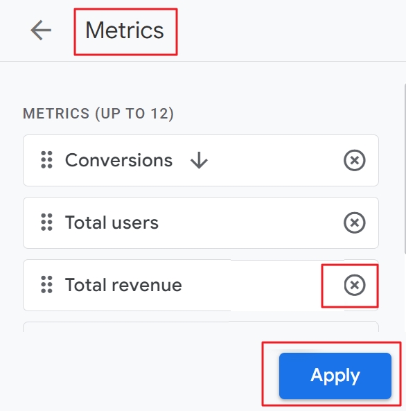 remove total revenue metrics conversions report ga4