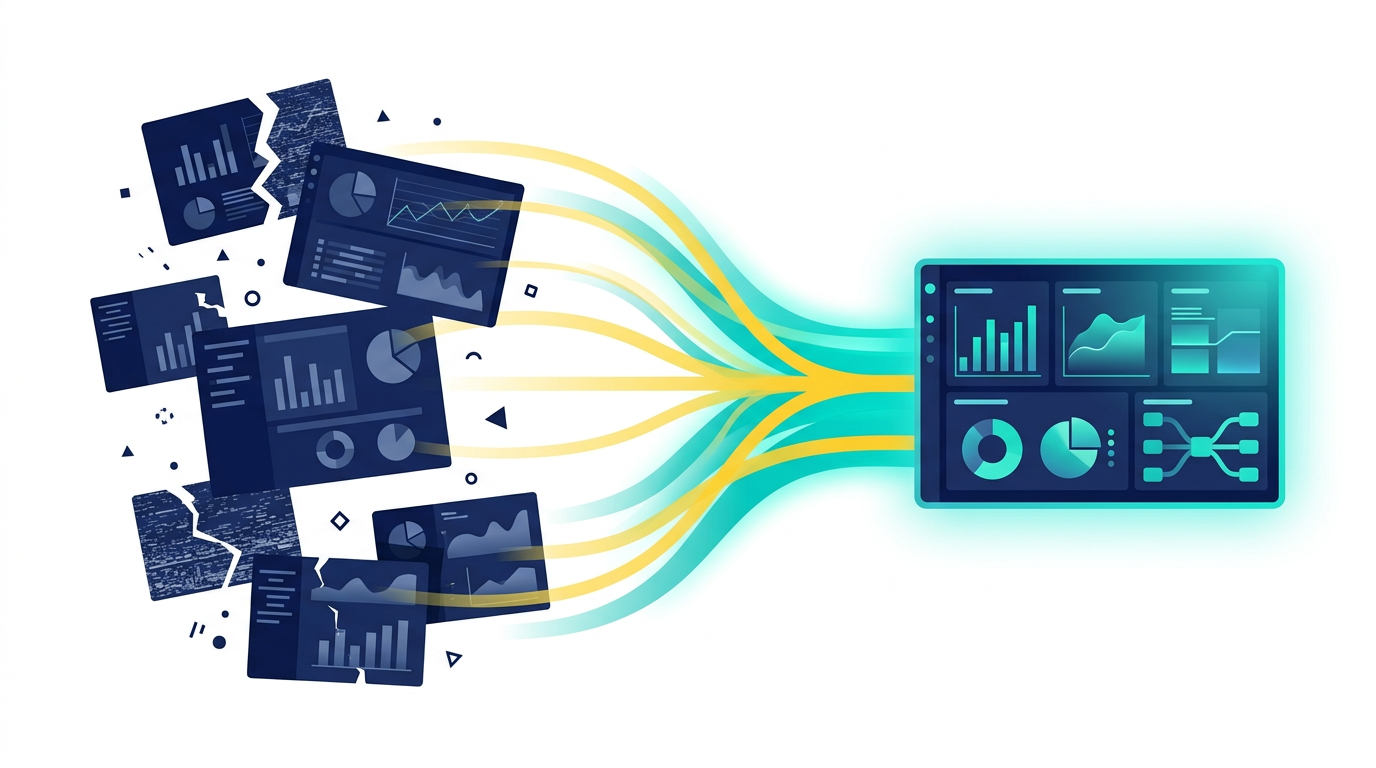 Multiple scattered dashboard fragments converging into a single unified marketing dashboard