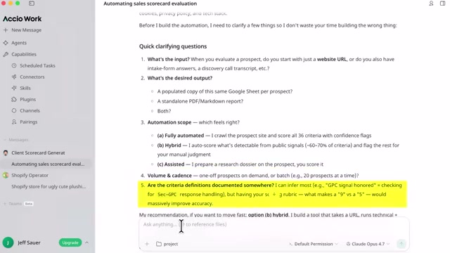 AI agent asking clarifying questions about automating the sales scorecard evaluation