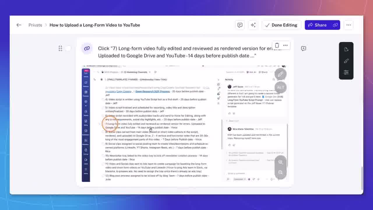 Completed Scribe guide in the editor showing step-by-step instructions with screenshots for uploading a YouTube video