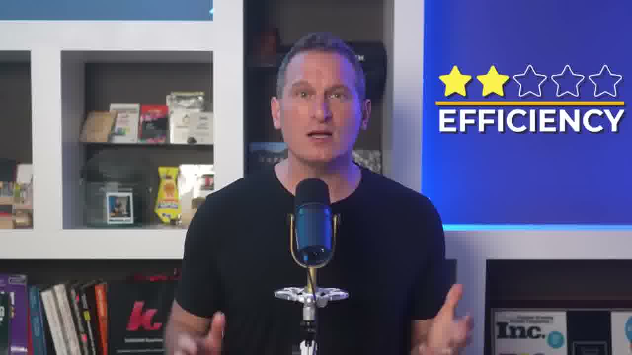Jeff Sauer presenting with a 2 out of 5 star efficiency rating overlay on screen