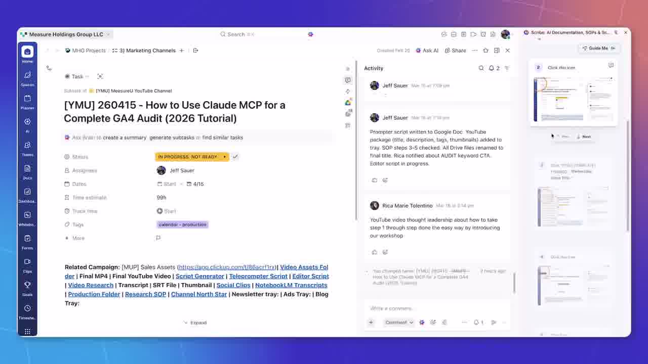 Scribe Guide Me feature showing an interactive step-by-step overlay on a ClickUp task with navigation controls