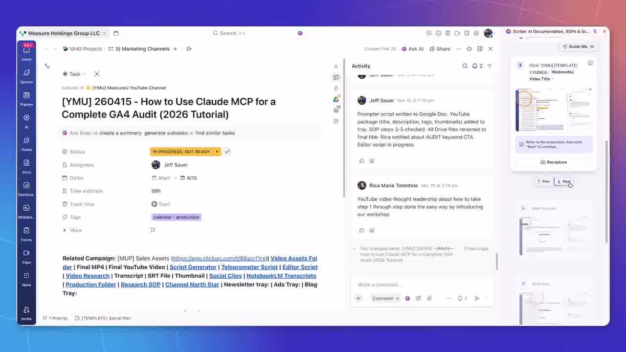 Scribe Guide Me interactive walkthrough showing Previous and Next navigation buttons overlaid on ClickUp interface