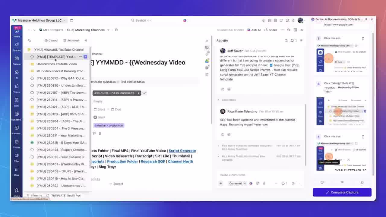 Scribe browser extension actively recording a YouTube production SOP workflow in ClickUp with Complete Capture button visible