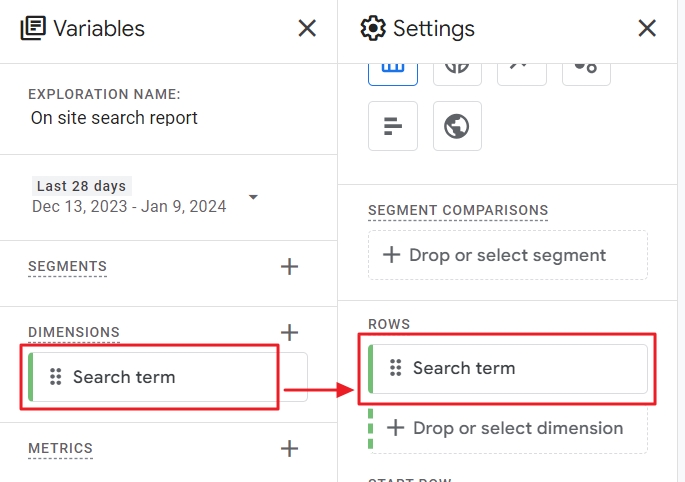 Search term dimension row exploration ga4