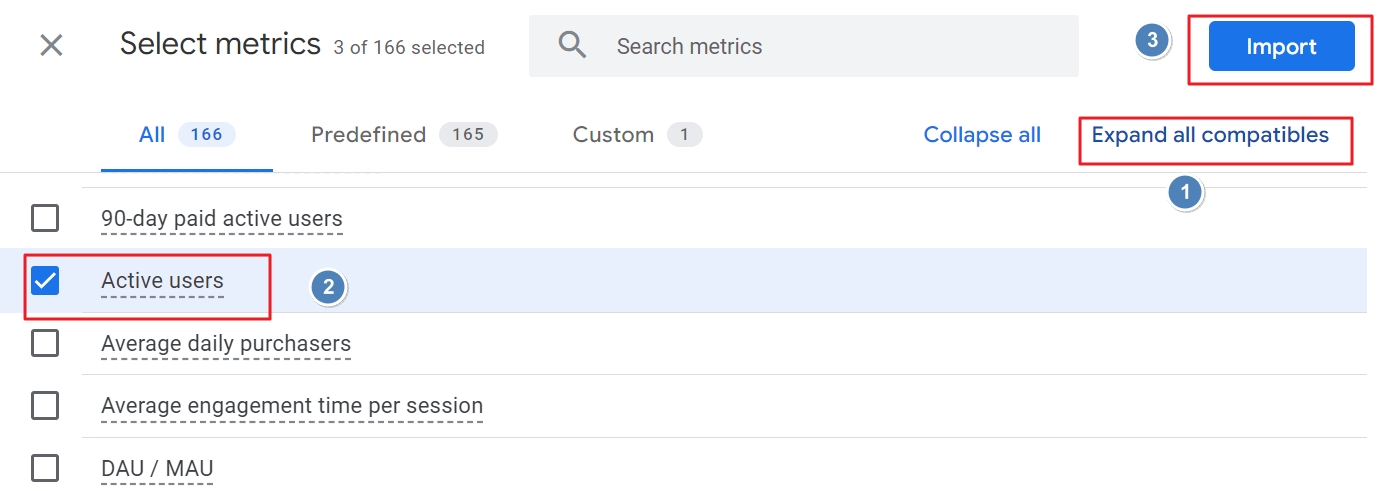 Select metrics search terms ga4