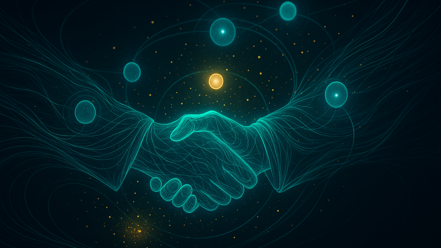 Abstract illustration of selling AI agents, a glowing handshake surrounded by agent nodes