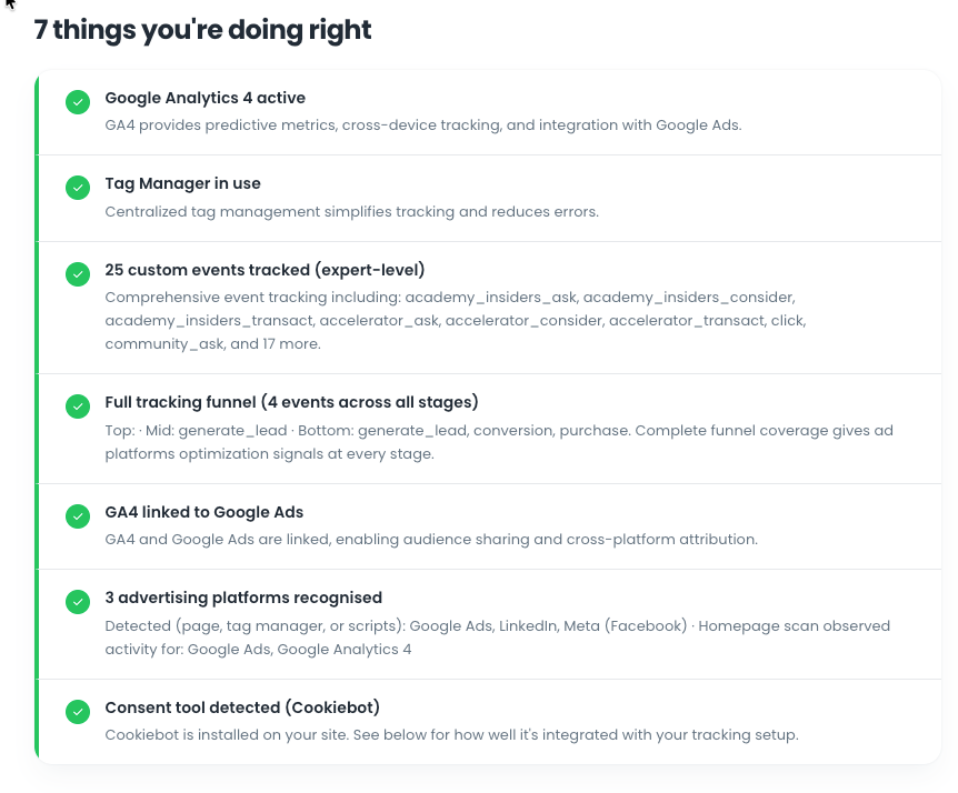 The audit's seven things you're doing right section listing tracking wins
