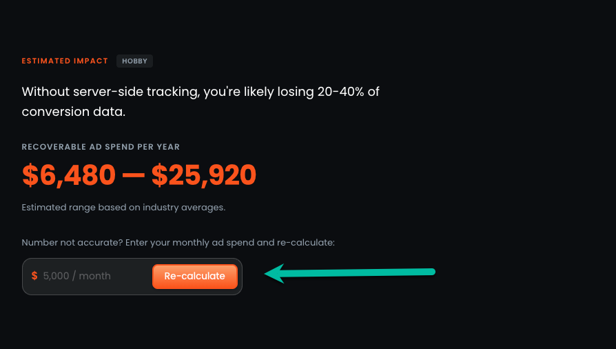 The audit's estimated impact section showing recoverable ad spend based on monthly ad spend