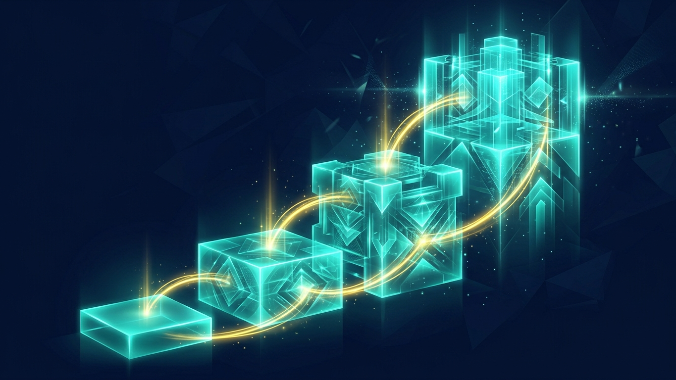 Ascending luminous building blocks representing the four tiers of the service stacking framework