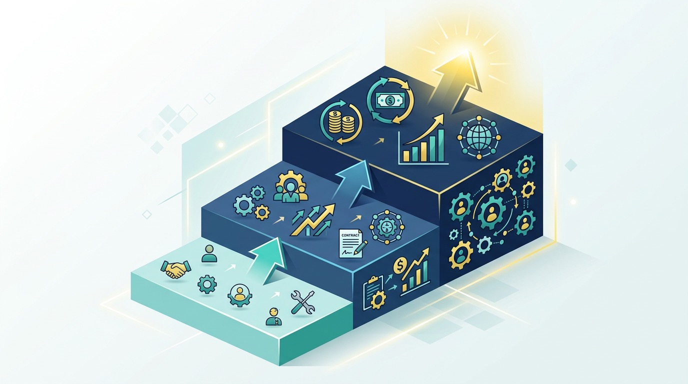 Three-tier service stacking pyramid showing low-risk offer at base, implementation in middle, and retainer at top with growth arrows