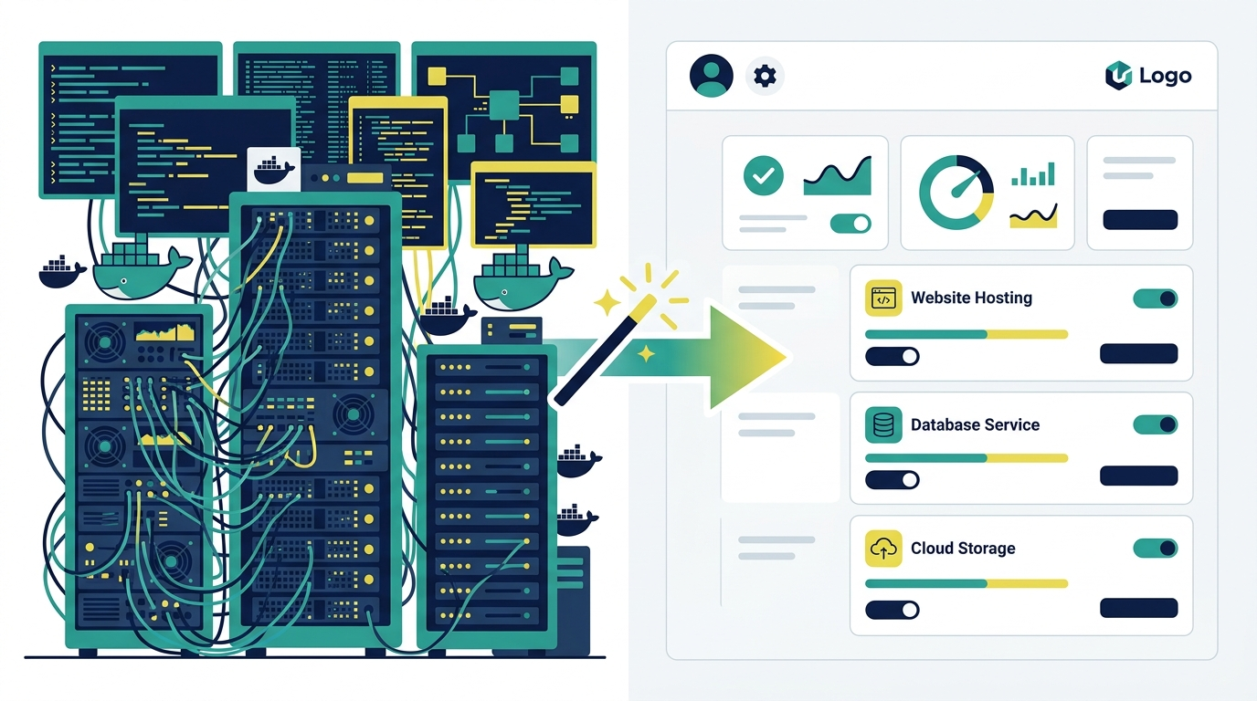 Before and after showing server-side tracking complexity reduced from Docker containers to simple managed platforms