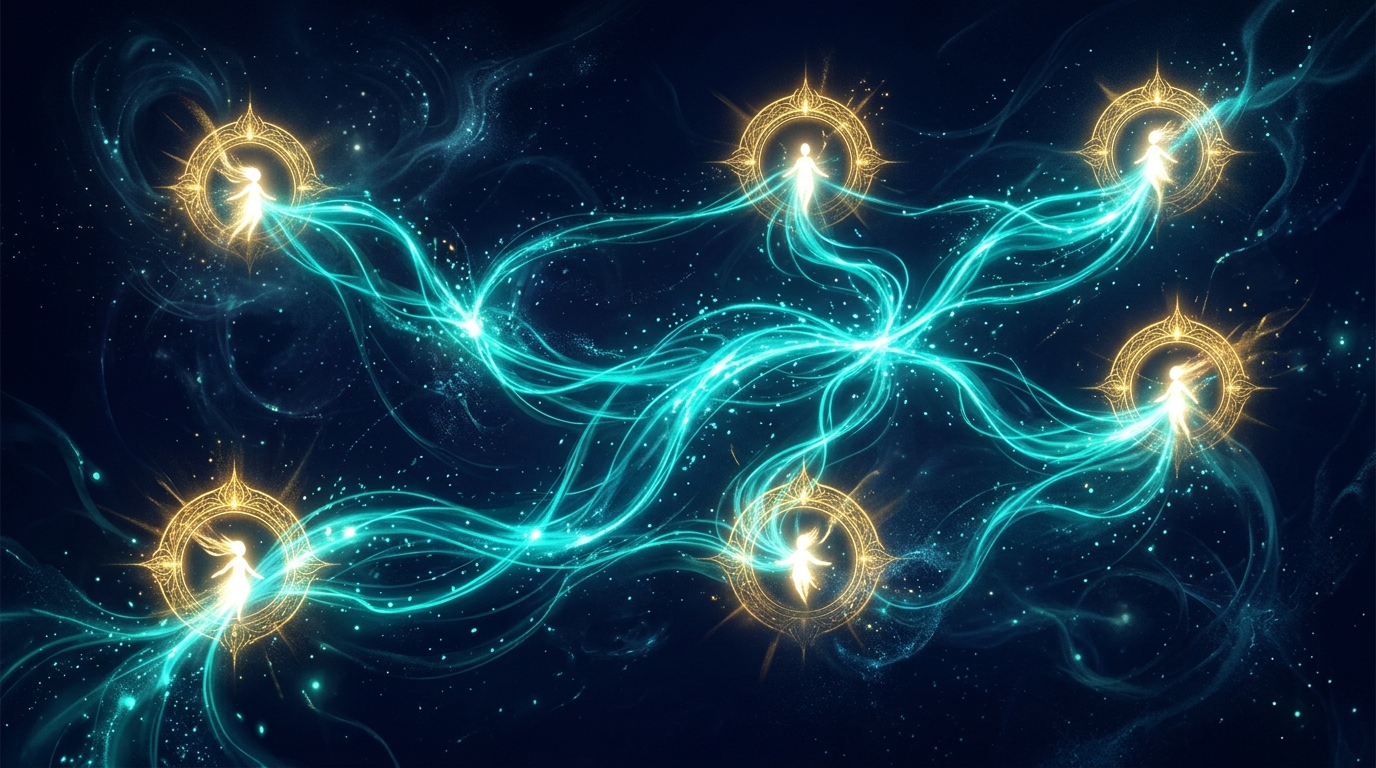 Six glowing figures connected by luminous energy streams with golden halos representing team capability amplified