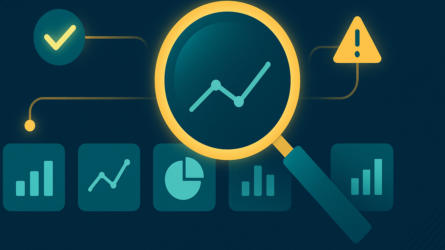 A magnifying glass inspecting and scoring a row of analytics tool icons