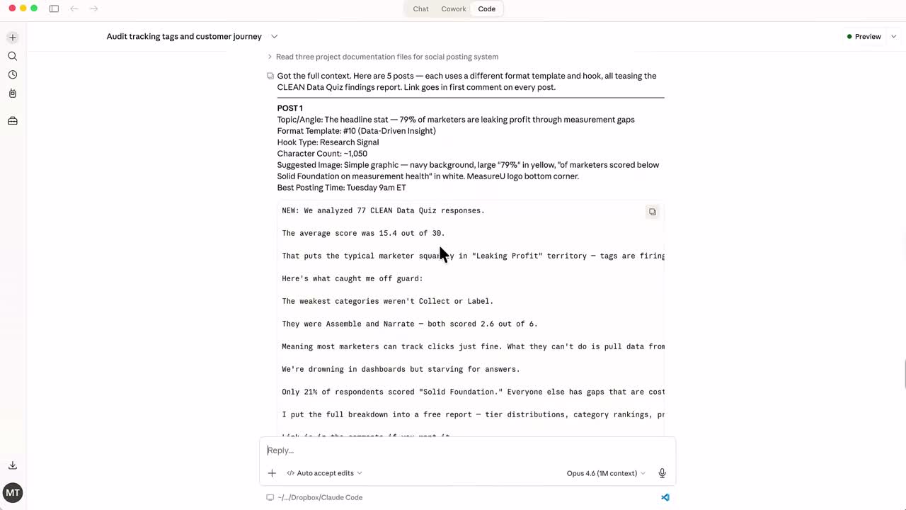 Claude Code interface generating five LinkedIn posts from quiz data with different angles and hooks