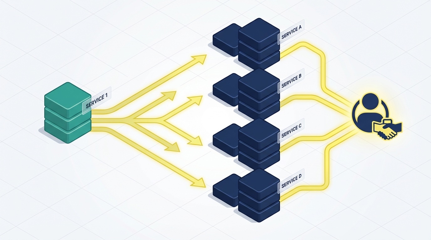 Illustration of one service stack expanding into multiple parallel service stacks for the same client