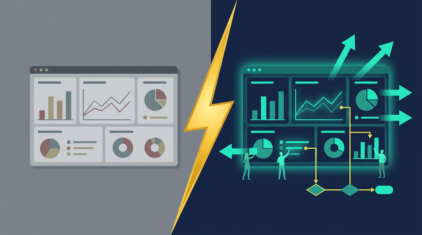 Split comparison of a static lifeless dashboard versus one driving active strategic decisions