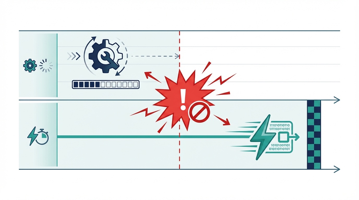 Diagram showing race condition where event tag fires before configuration tag loads, causing broken attribution