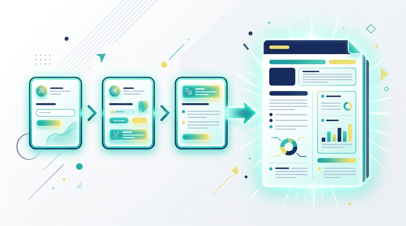 Three sequential prompt cards leading to a comprehensive audit document output
