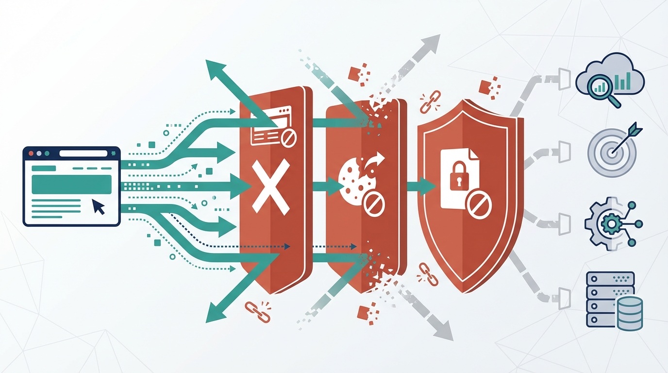 Illustration showing browser data being blocked by privacy shields, ad blockers, and cookie restrictions before reaching advertising platforms