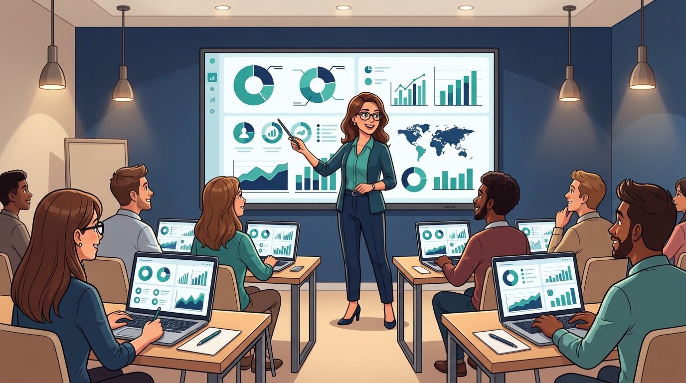 Cartoon illustration of a live analytics workshop with instructor teaching students at laptops