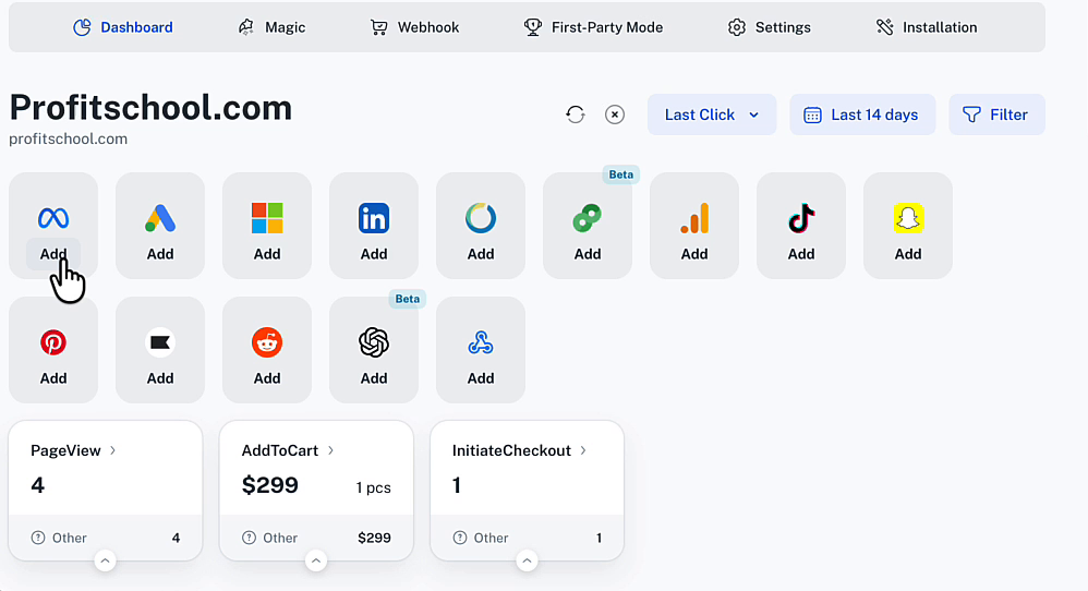 Tracklution dashboard showing ad platform connectors for Meta, Google Ads, Microsoft, LinkedIn, TikTok, Pinterest, and others