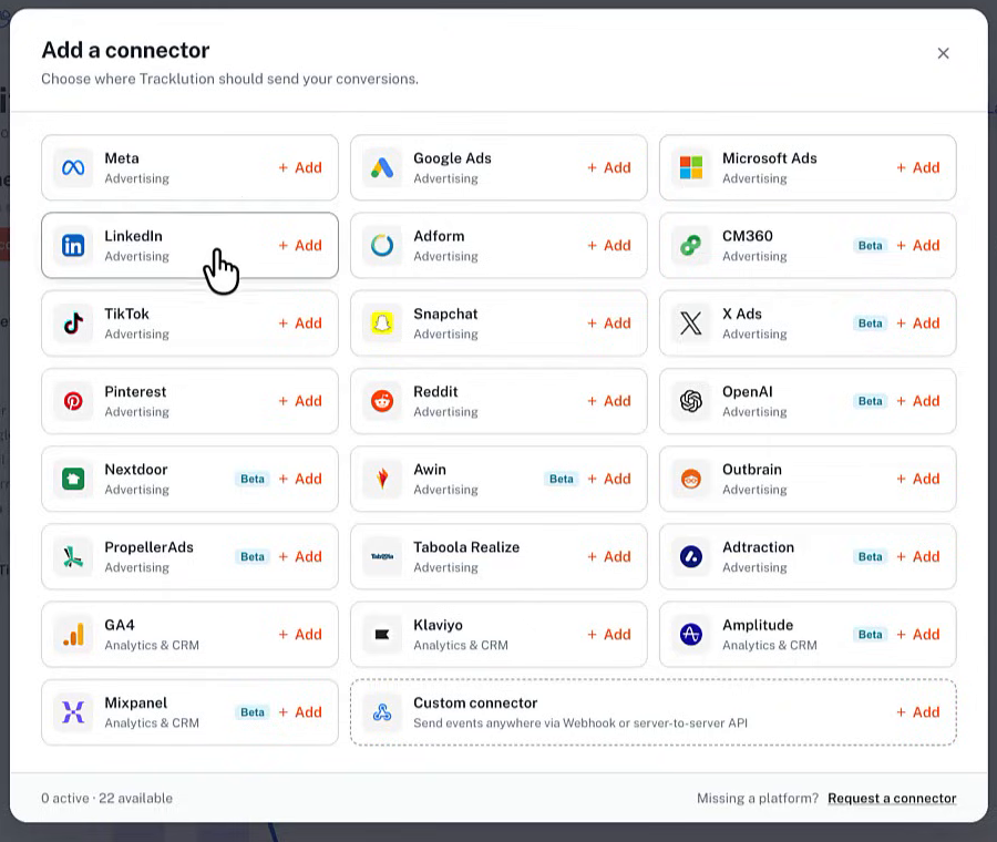 Tracklution Add a connector screen with Meta, Google Ads, Microsoft Ads, LinkedIn, TikTok and more
