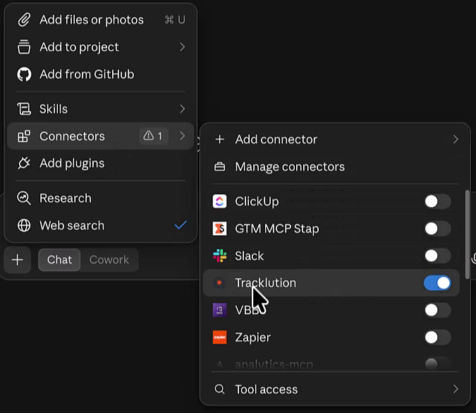 Claude connectors menu with the Tracklution MCP server switched on