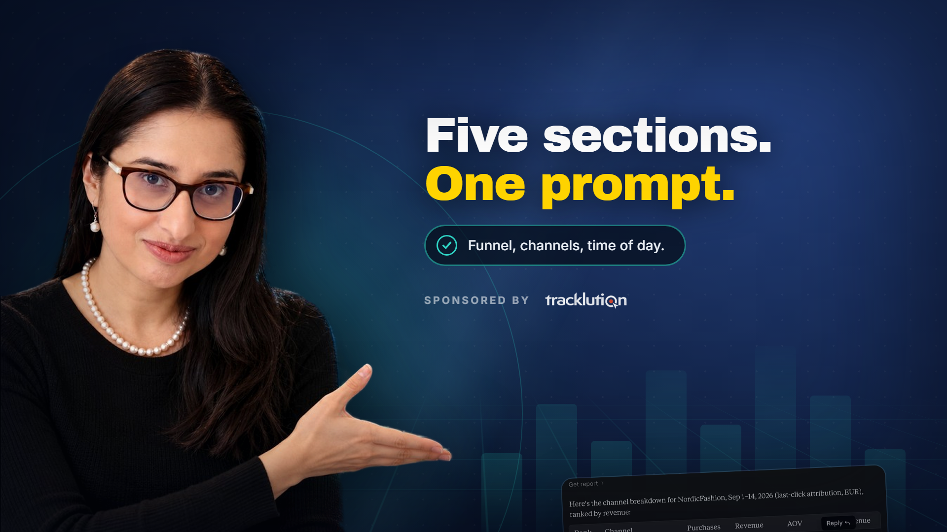 Manisha of MeasureU gesturing towards the headline Five sections, one prompt, with a Tracklution channel report and a soft bar chart, on a navy MeasureU cover for automating client reports with server side tracking, sponsored by Tracklution