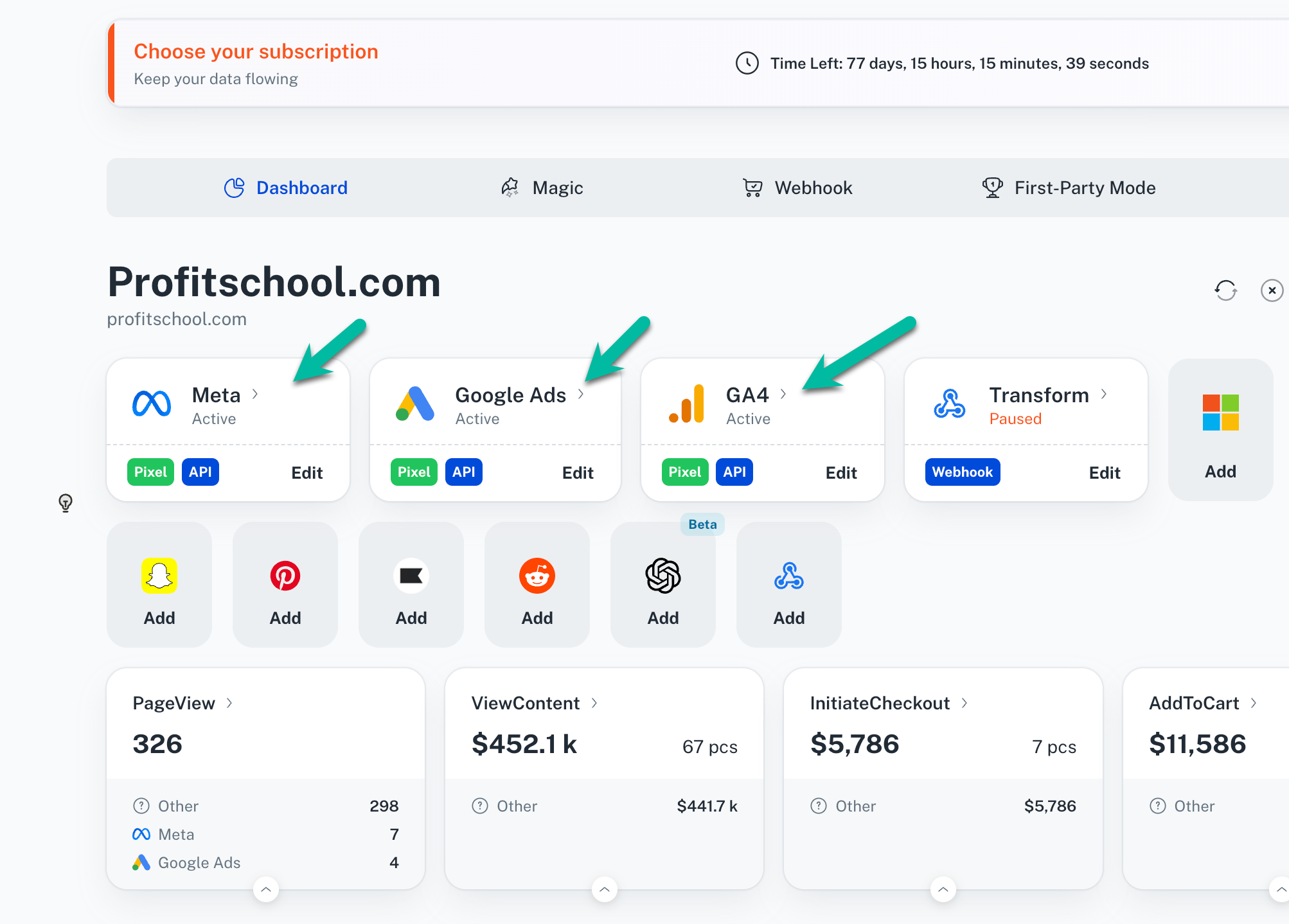 Tracklution container with Meta, Google Ads, and GA4 connectors active