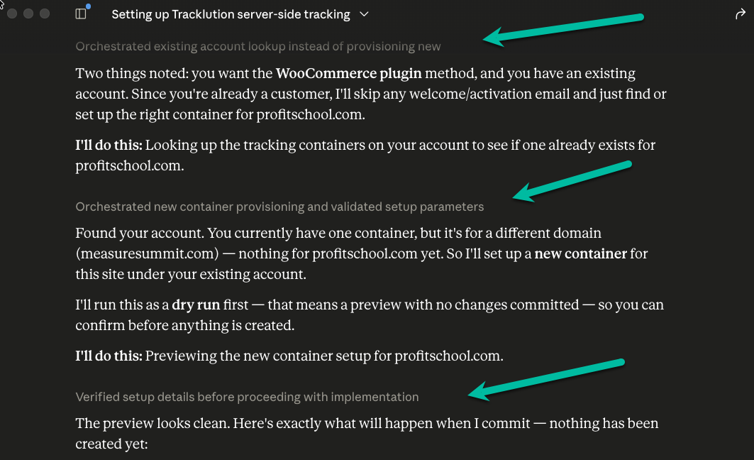 Claude Desktop running a dry-run preview of the Tracklution container setup before committing any changes