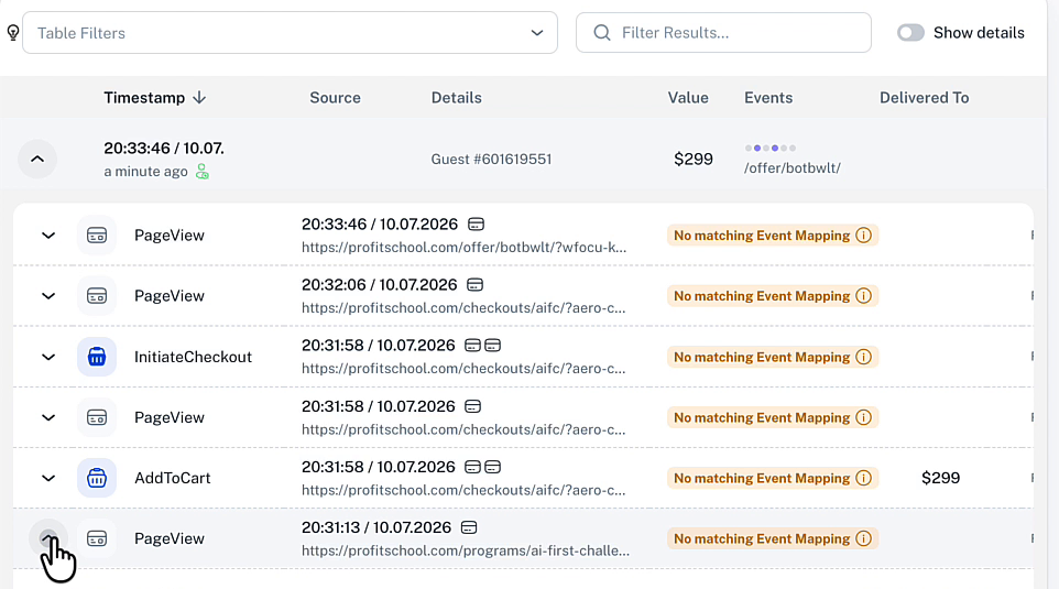Tracklution event table showing PageView, AddToCart, and InitiateCheckout events flagged with No matching Event Mapping